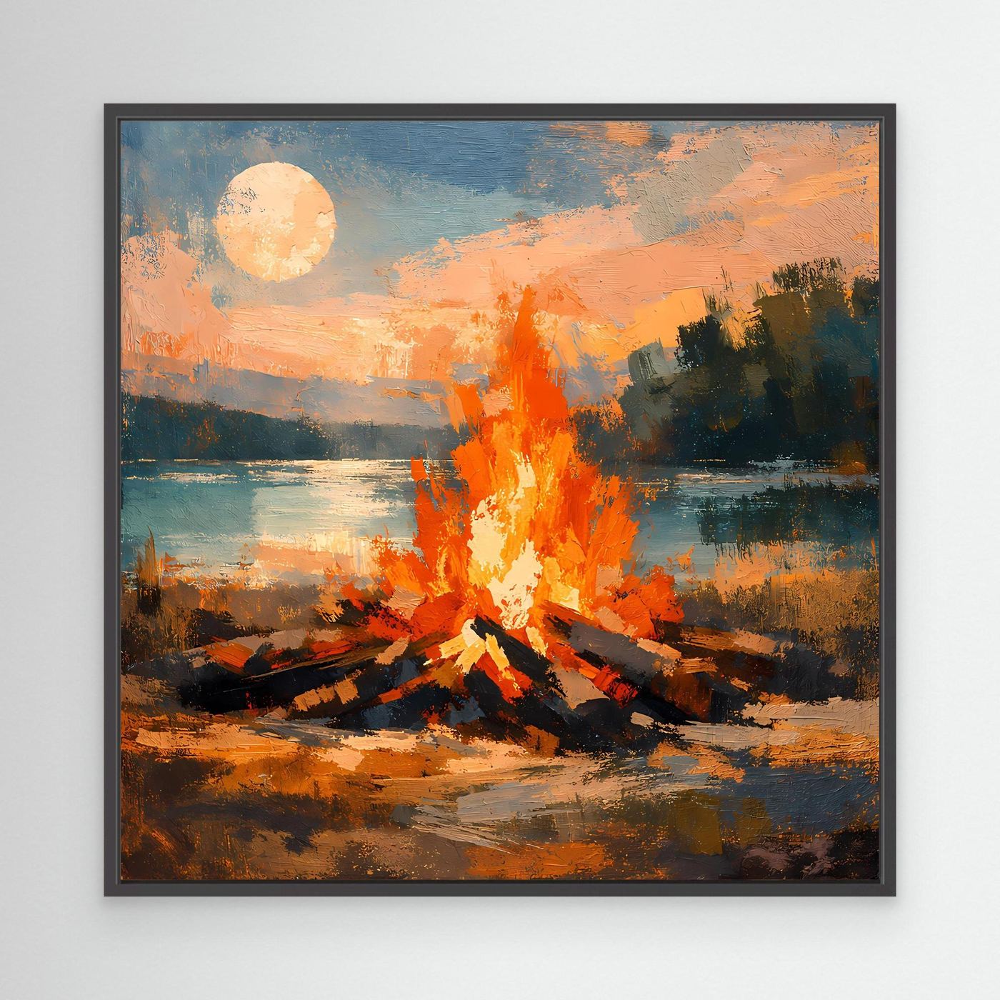 Leinwand-Wandbild mit Lagerfeuer am See im schwarzen Rahmen