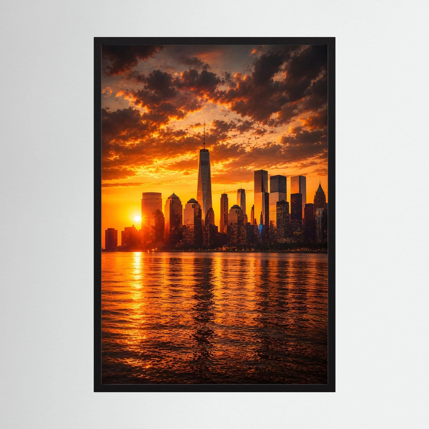 Hochformatiges Poster mit Skyline bei Sonnenuntergang über Wasser, orangefarbene Lichter, schwarzer Rahmen