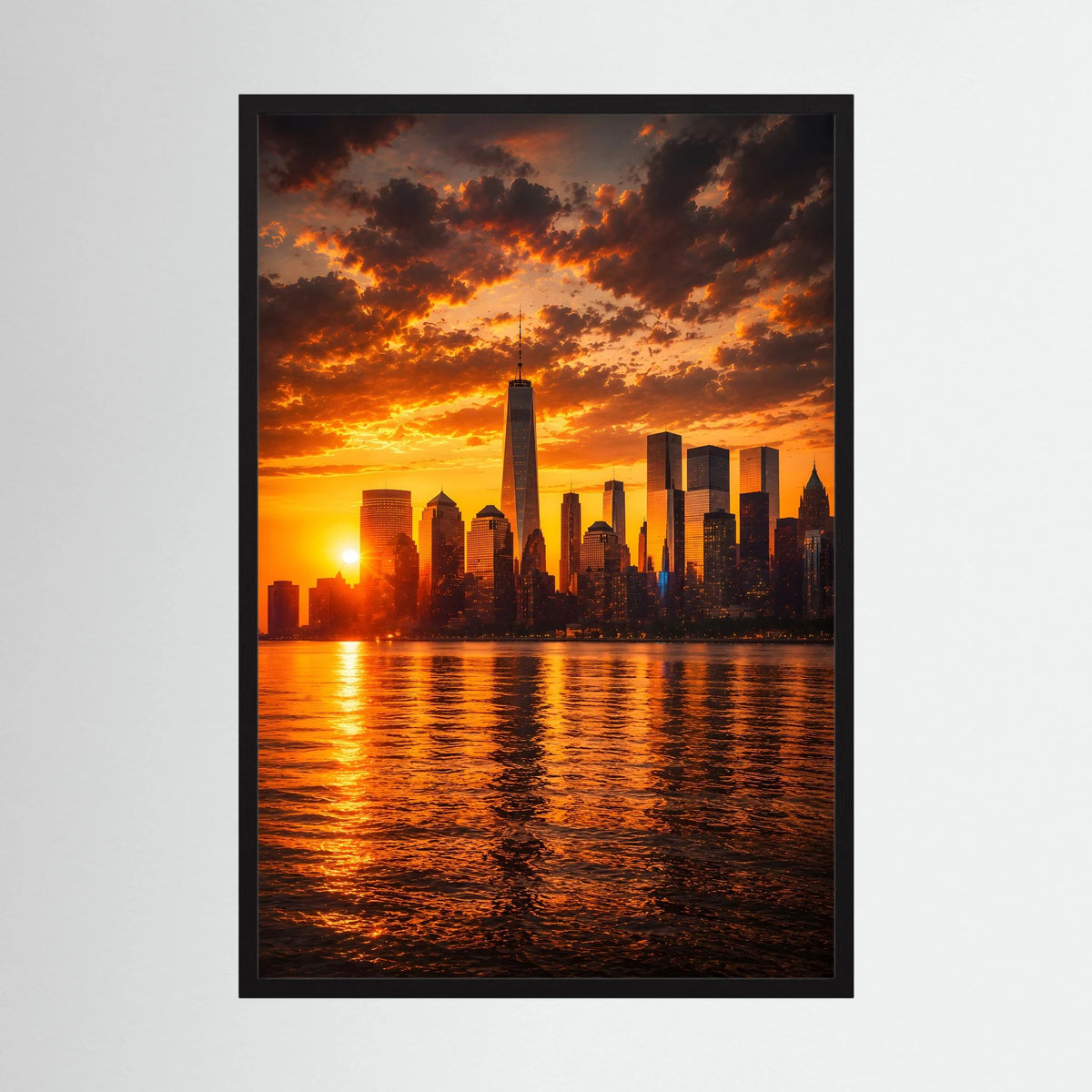 Hochformatiges Poster mit Skyline bei Sonnenuntergang über Wasser, orangefarbene Lichter, schwarzer Rahmen