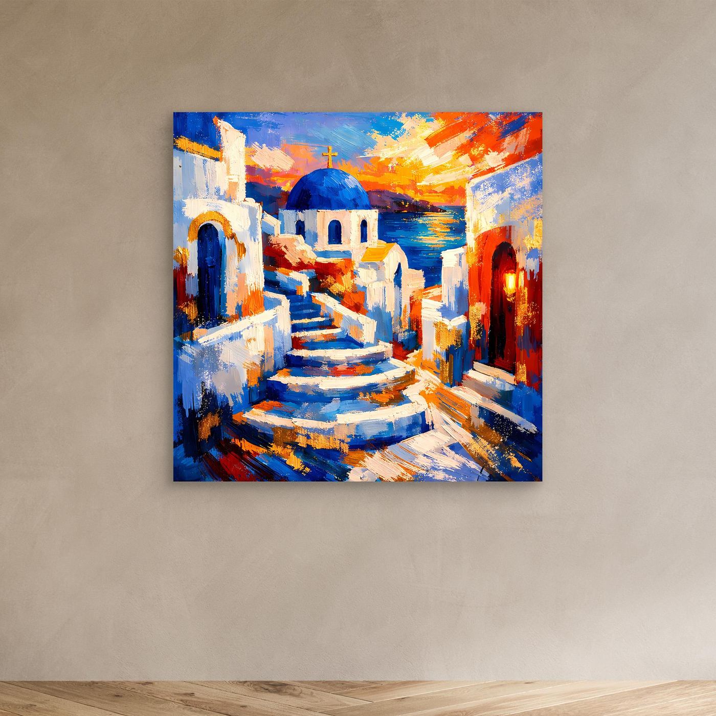 Leinwandbild mit Treppe zwischen weißen Häusern und blauem Kuppeldach