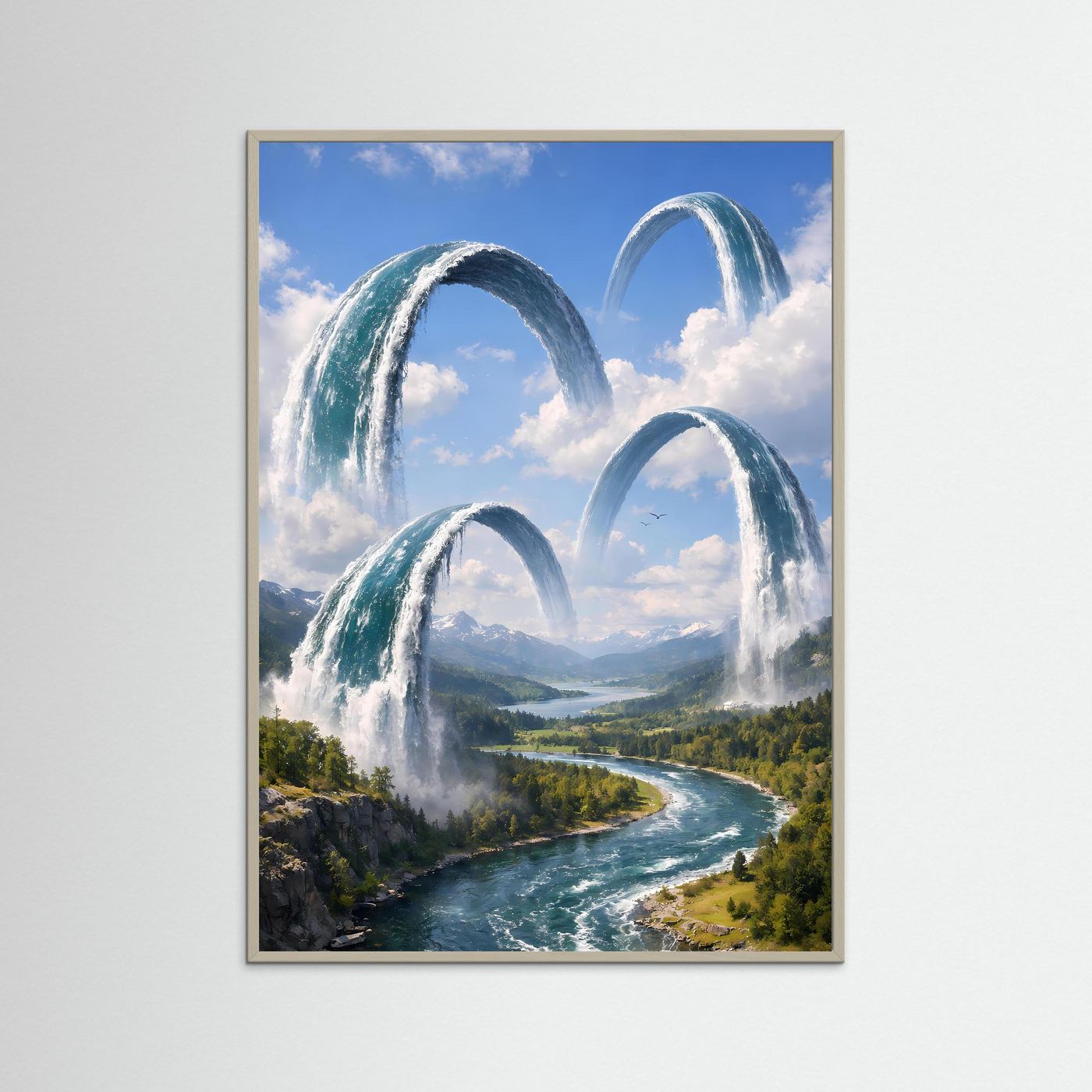 Kunstposter im beigen Rahmen mit schwebenden Wasserbögen über Flusslandschaft