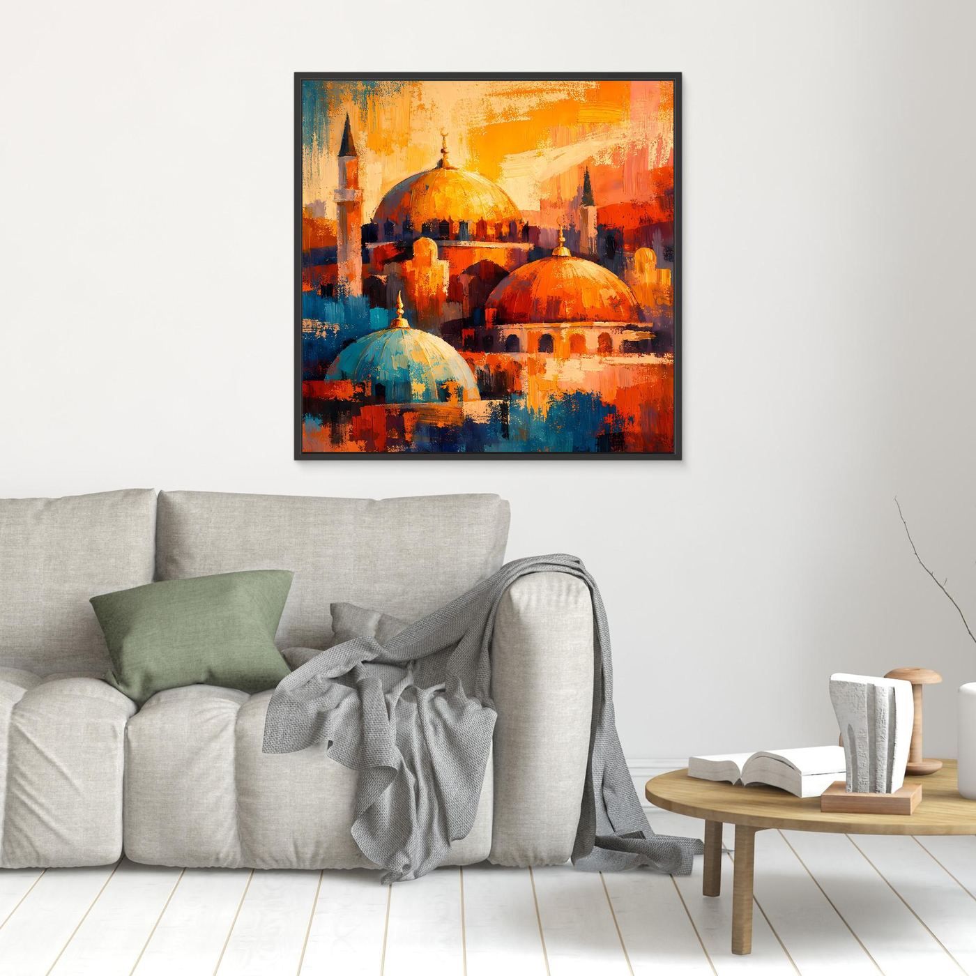 Kleines Leinwandbild orientalische Moschee, Kuppeln in Orange und Blau, schwarzer Rahmen