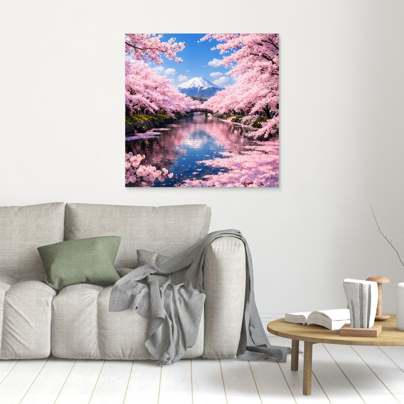 Leinwandbild mit rosa Kirschblüten, Berg Fuji und Flussbrücke, kleinformatig