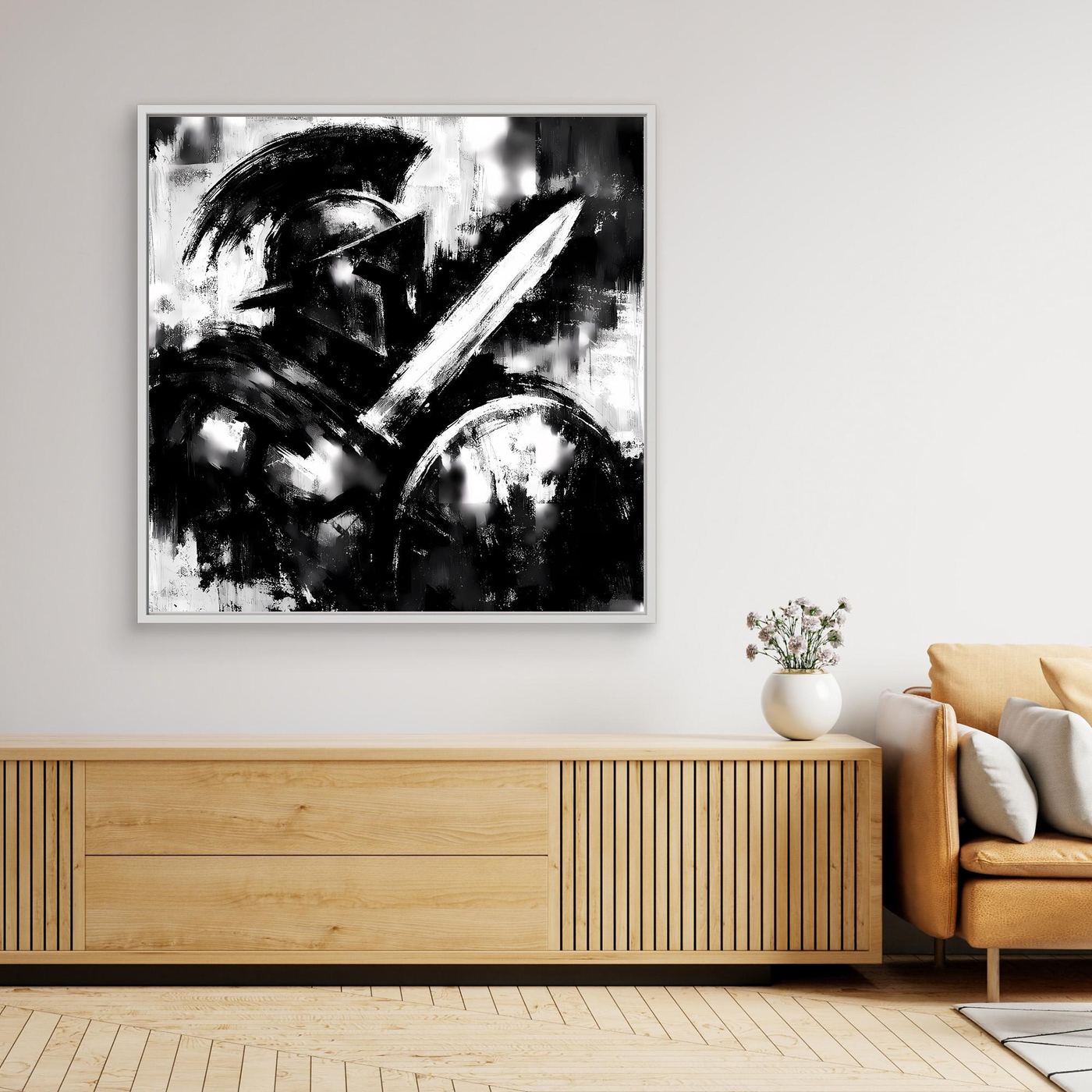 Abstraktes Leinwand-Wandbild mit schwarz-weißem Kriegermotiv, weißer Rahmen