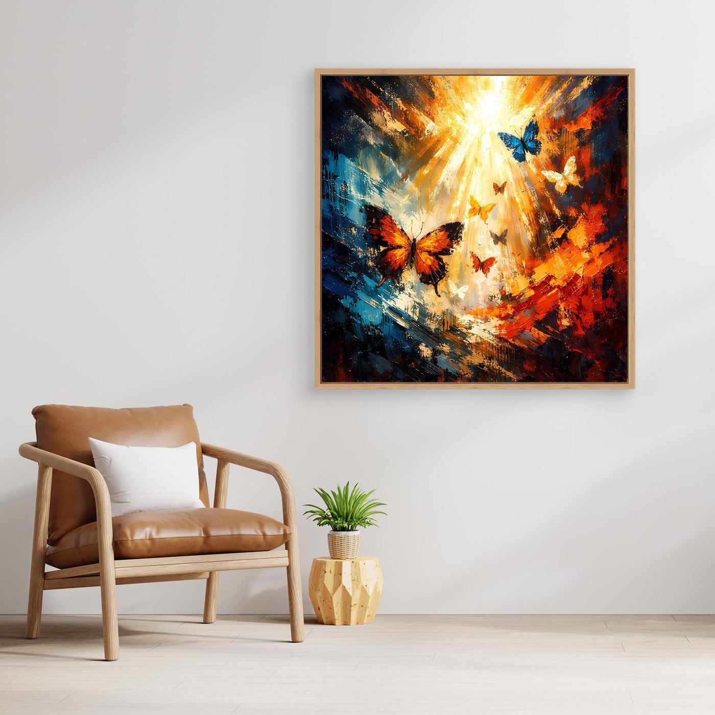Leinwandbild Schmetterlinge mit leuchtendem Strahlenkranz, Holzrahmen, blau und orange