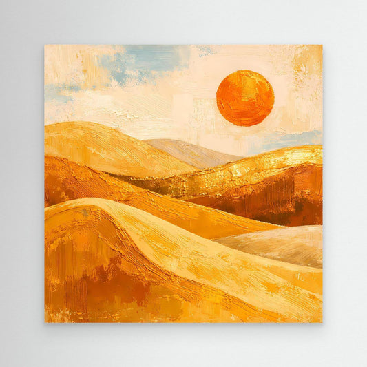 Abstraktes Leinwand-Wandbild: goldene Wüstenlandschaft mit orangefarbener Sonne und Dünen