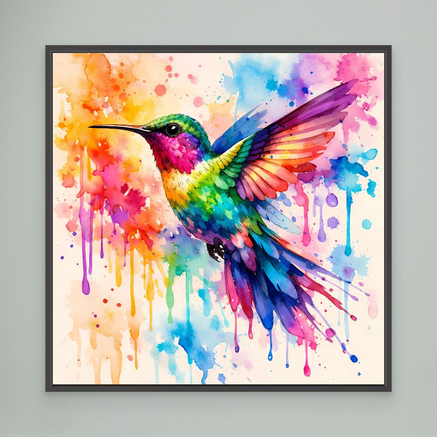 Leinwandbild mit buntem Kolibri-Aquarell, schwarzer Rahmen