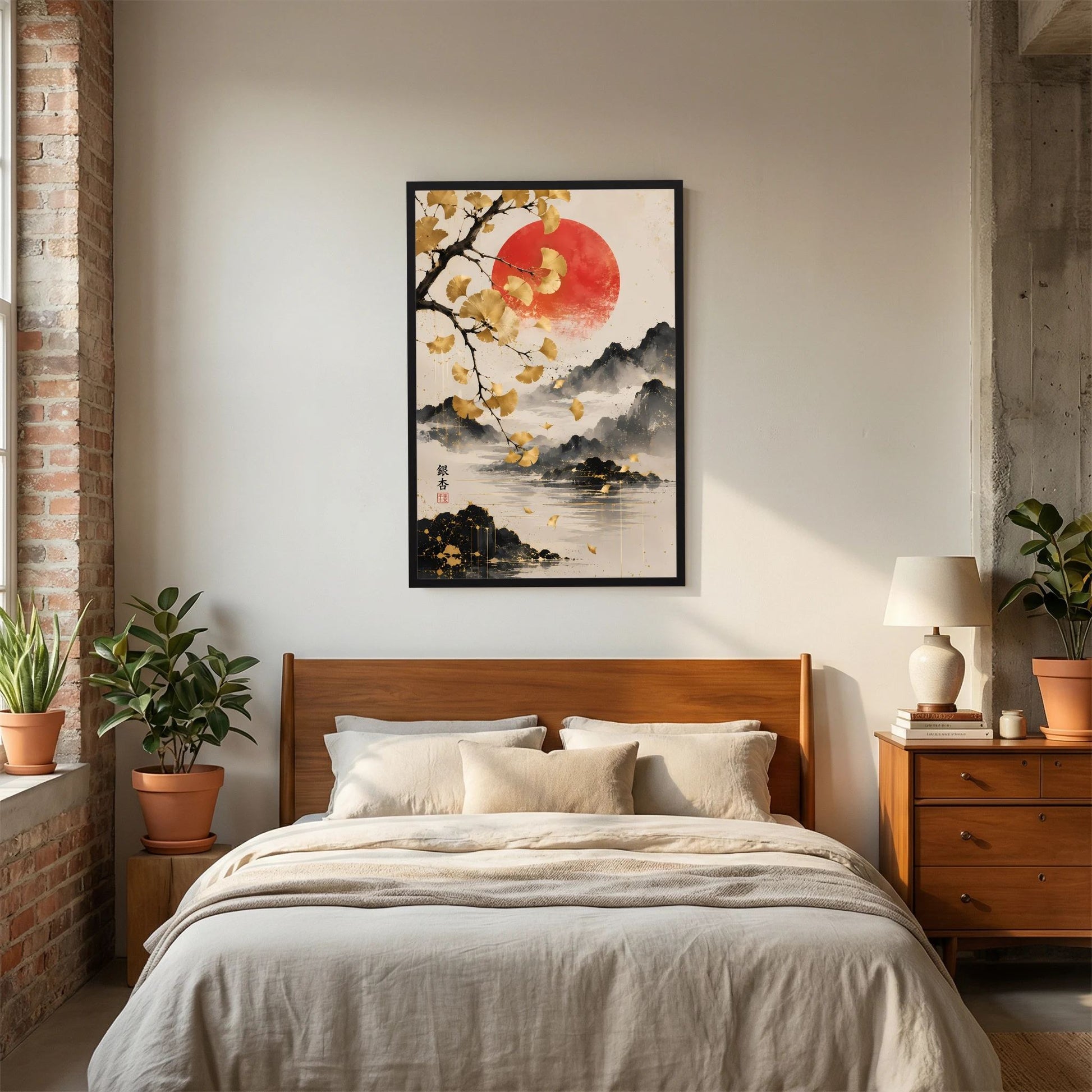 Poster im schwarzen Rahmen über Bett: goldene Ginkgozweige, rote Sonne, Berg- und Wasserlandschaft