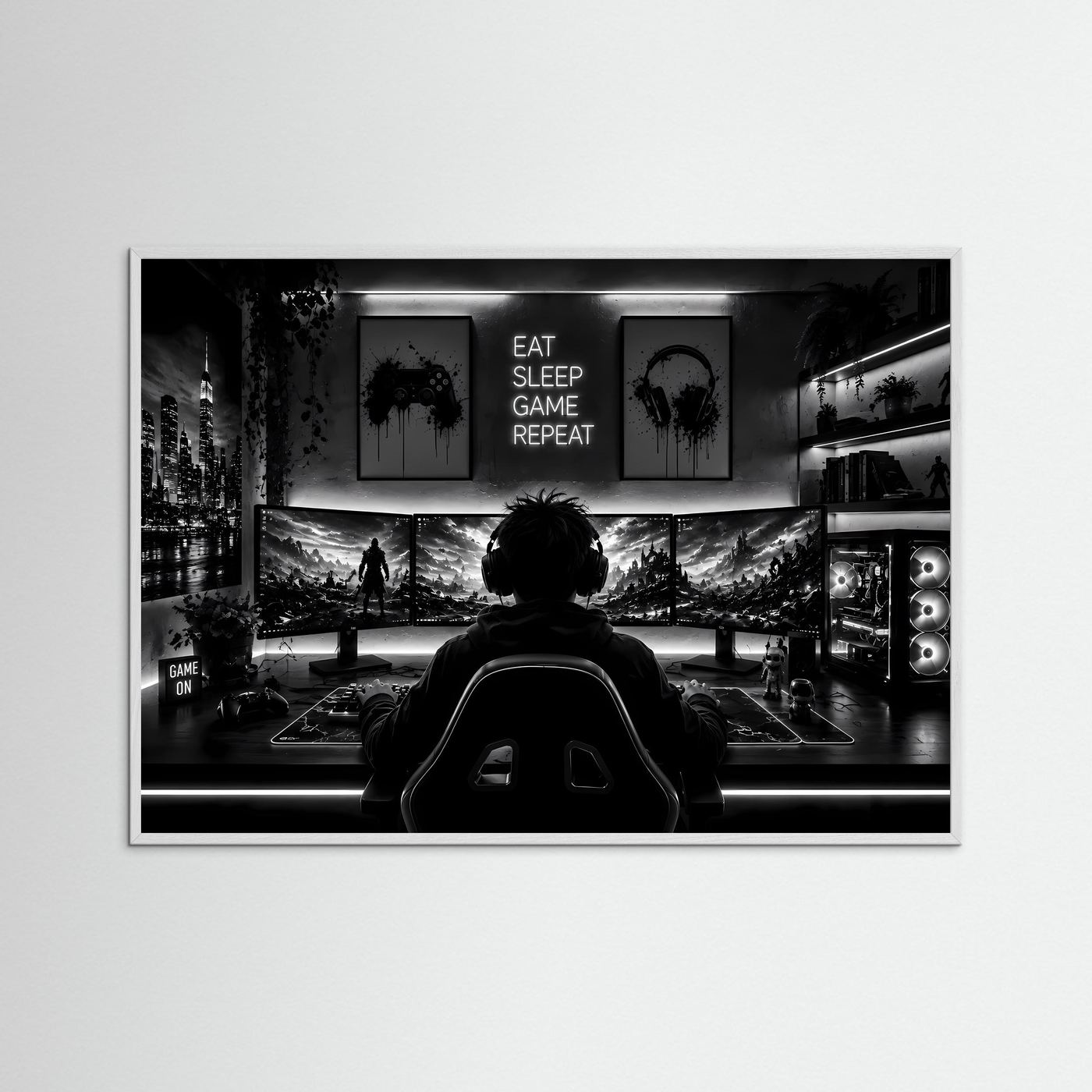 Gaming Poster Schwarz Weiß | Gamer Setup Wandbild | Gaming Room Deko | PC Gaming Kunst | Monochromer Fine Art Print
