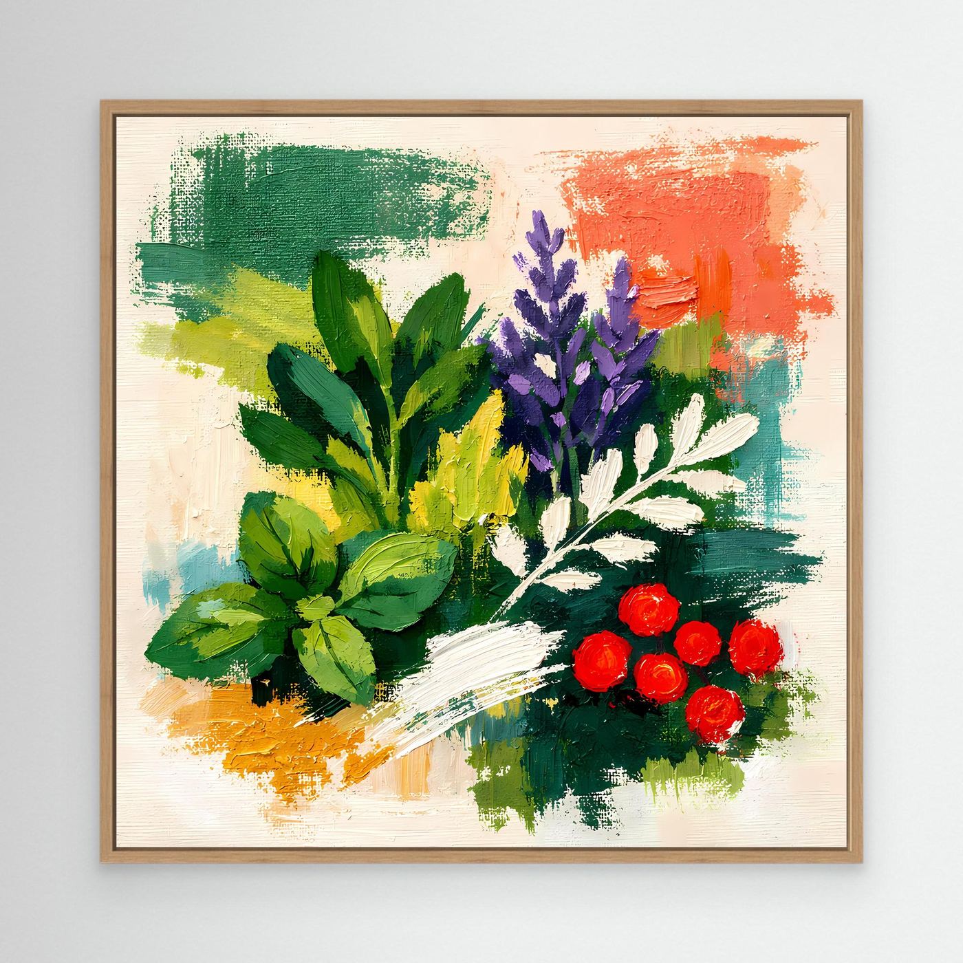 Abstract herb wall art painting with green and purple herbs and red flowers, in light wood frame