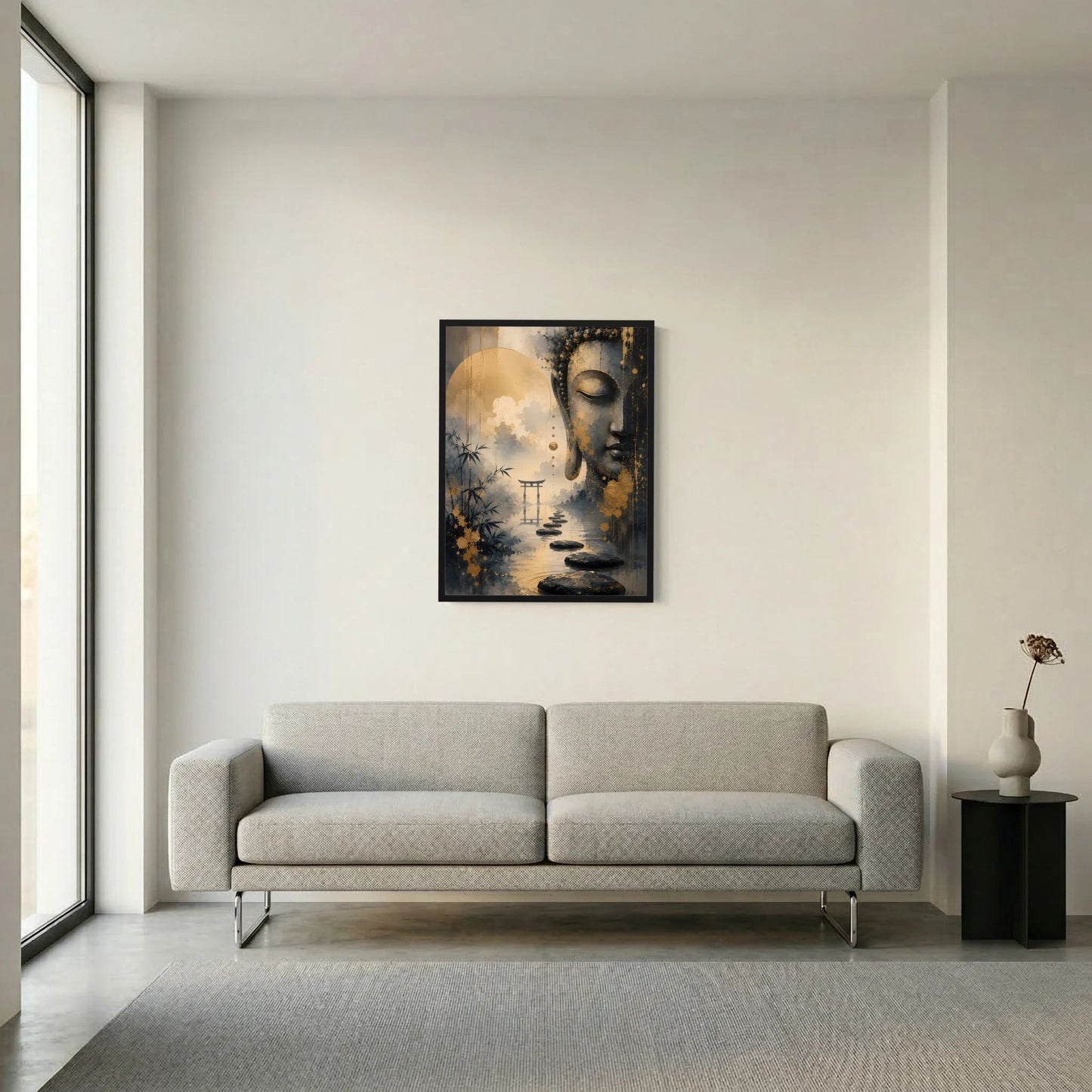 Hochformatiges Wandposter mit Buddha in Gold und Schwarz, blauer Nebel-Landschaft, schwarze Rahmenumrandung