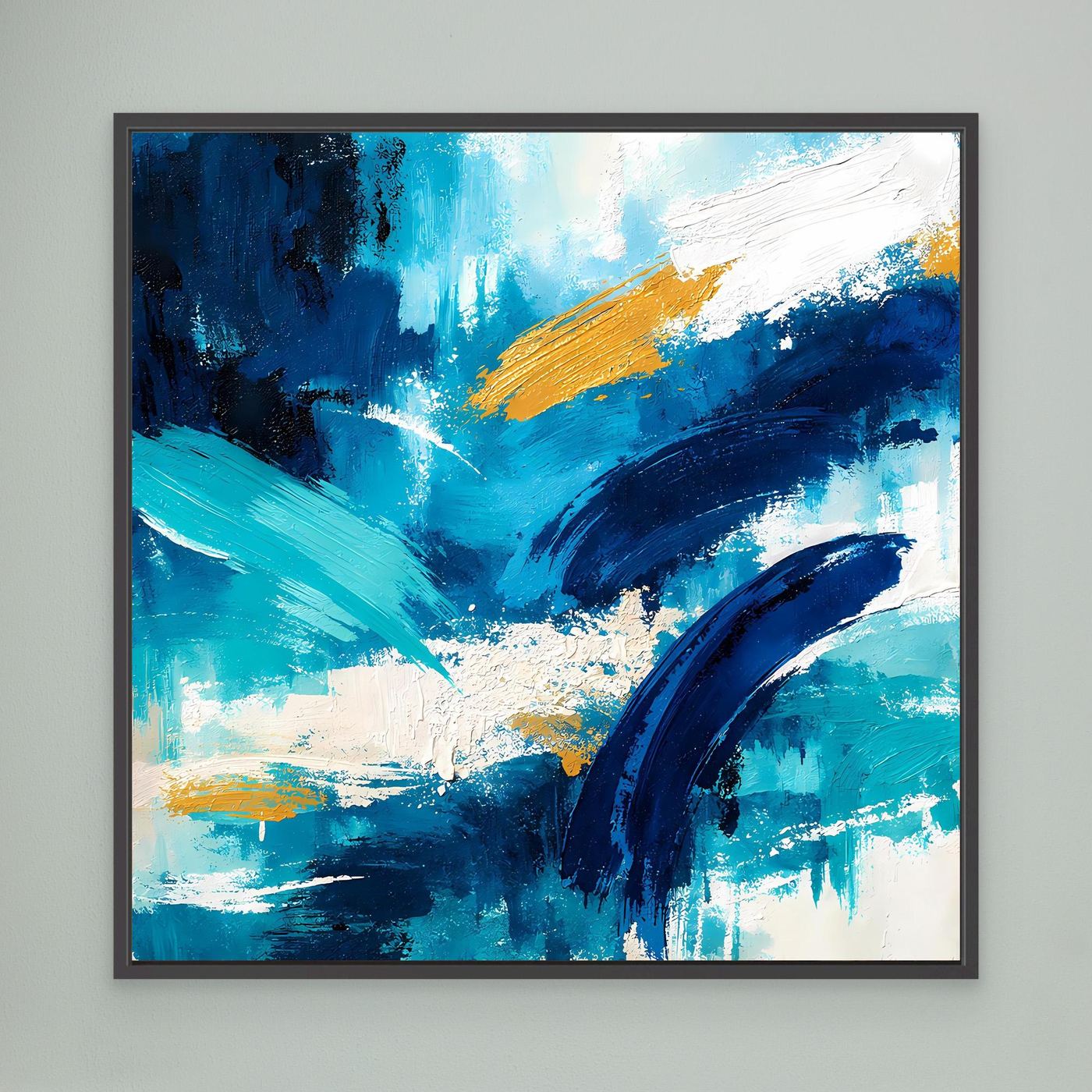 Abstract blue and gold canvas wall art, black frame
