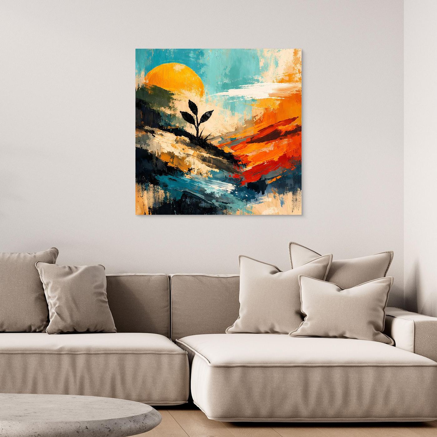 Leinwand-Wandbild mit abstrakter Pflanzen-Silhouette und Sonnenkreis in Blau, Orange und Gelb