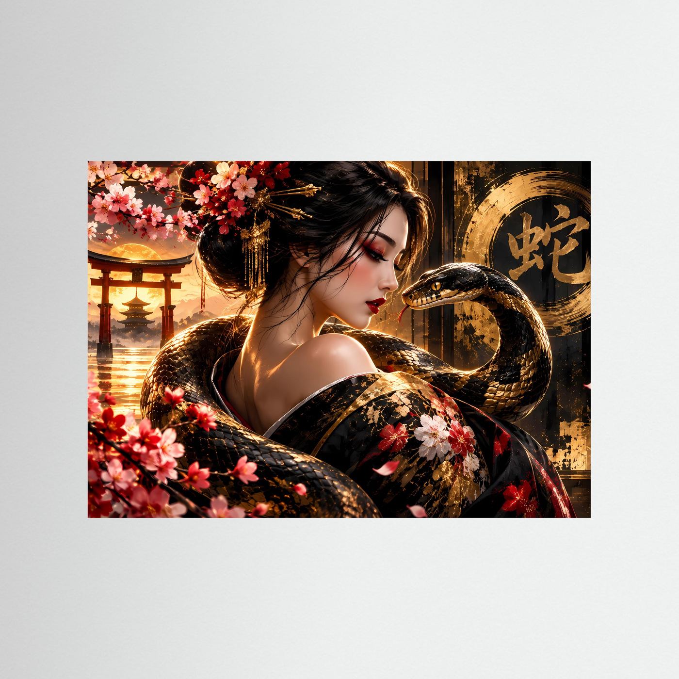 Japanisches Poster mit Frau, Schlange und Kirschblüten in Schwarz, Gold und Rot, Querformat, schwarzer Rahmen