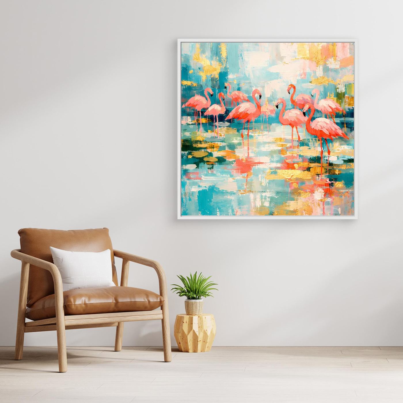 Abstraktes Leinwandbild mit Flamingos im Spiegelsee, weißer Rahmen