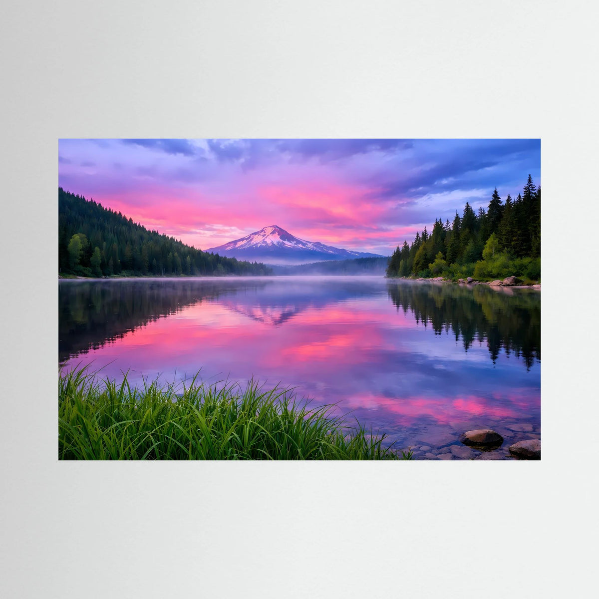 Querformat-Wandbild mit Bergsee und Spiegelung bei Sonnenuntergang