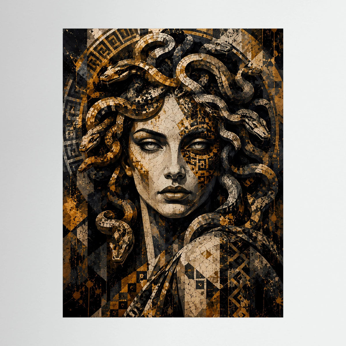 Nahaufnahme vom Poster: Medusa-Gesicht mit goldenen Schlangenornamenten auf dunklem Hintergrund