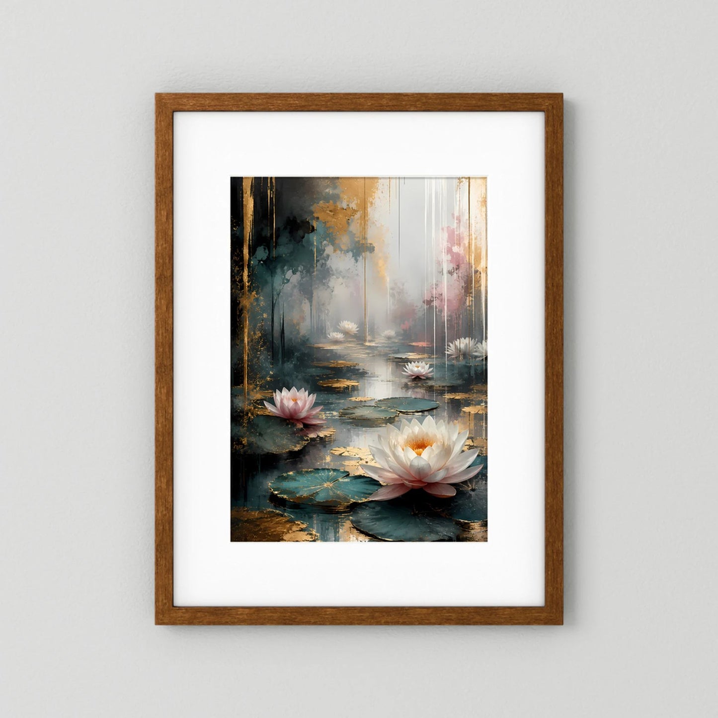 Poster mit Seerosenteich-Motiv in Weiß und Rosa, brauner Holzrahmen, Hochformat