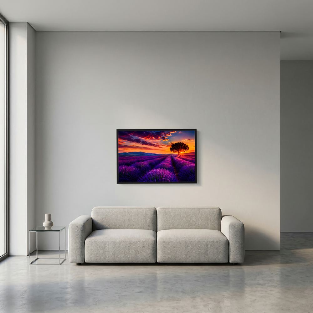 Wandbild im Querformat: violettes Lavendelfeld mit Baum und Sonnenuntergang, schwarzer Rahmen