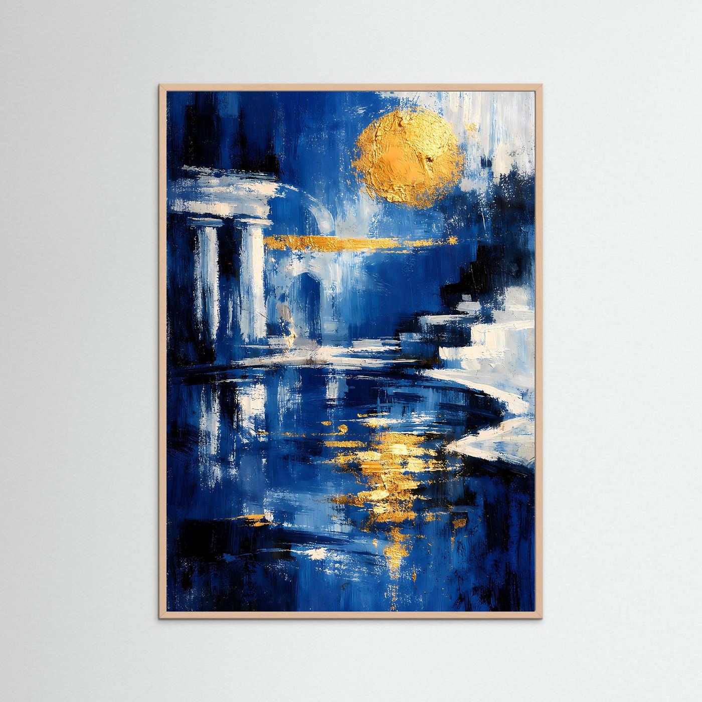 Abstraktes Rom-Poster mit hellem Holzrahmen, Nachtblau, gelber Mond über Säulen