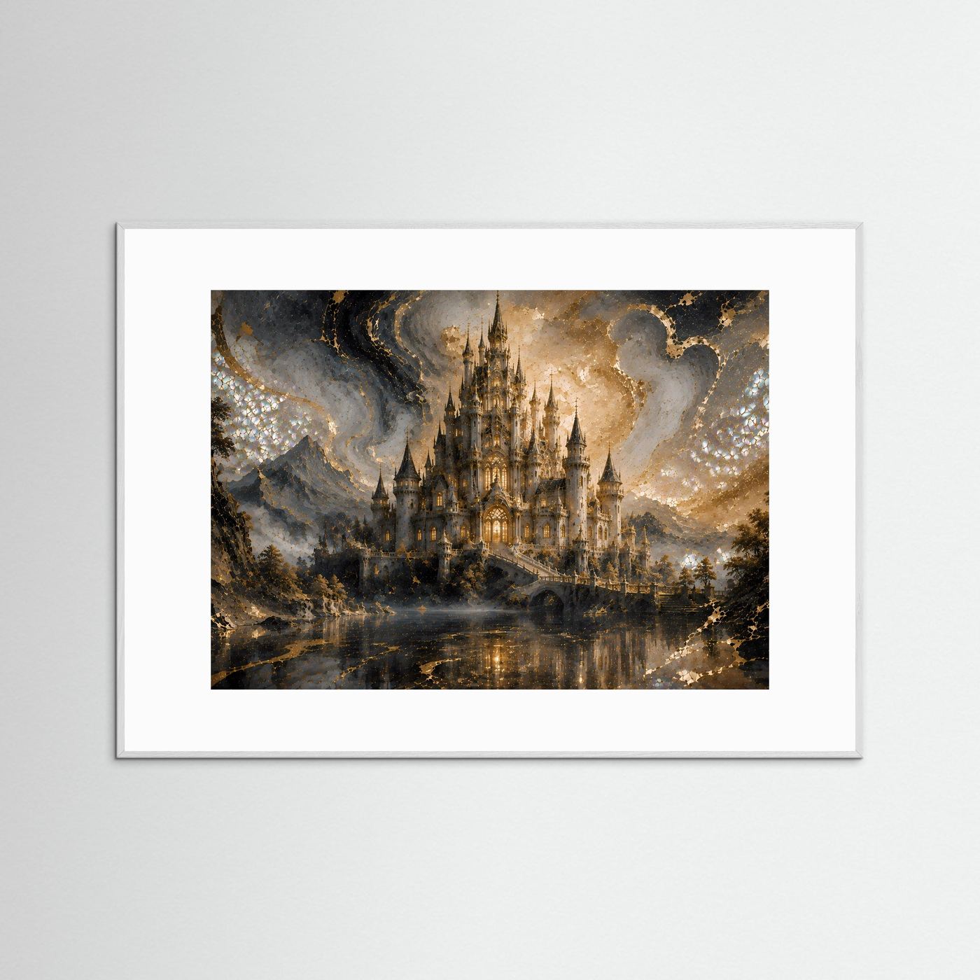 Mystisches Märchenschloss in Gold & Perlmutt | Fantasie Schloss Wandbild