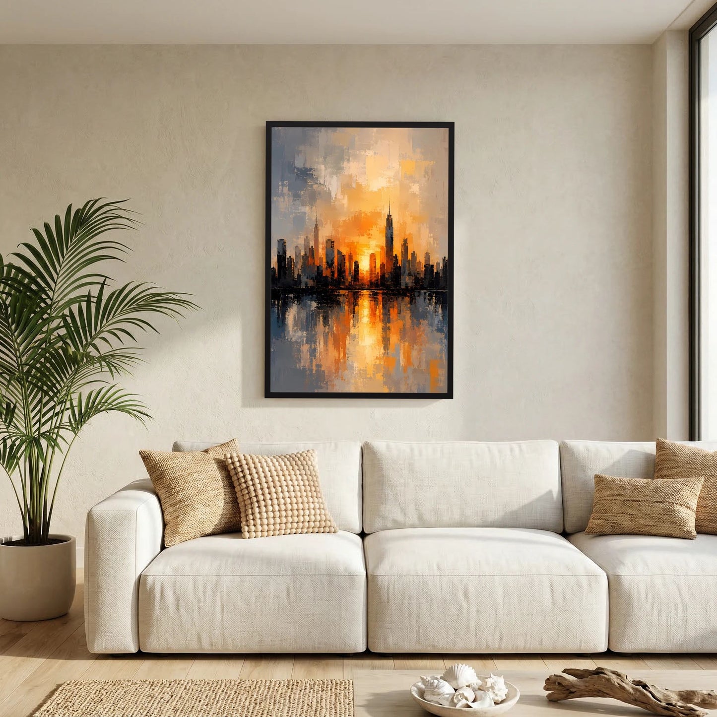 Poster mit abstrakter Skyline und Sonnenuntergang in Orange, Gold und Grau, schwarzer Rahmen