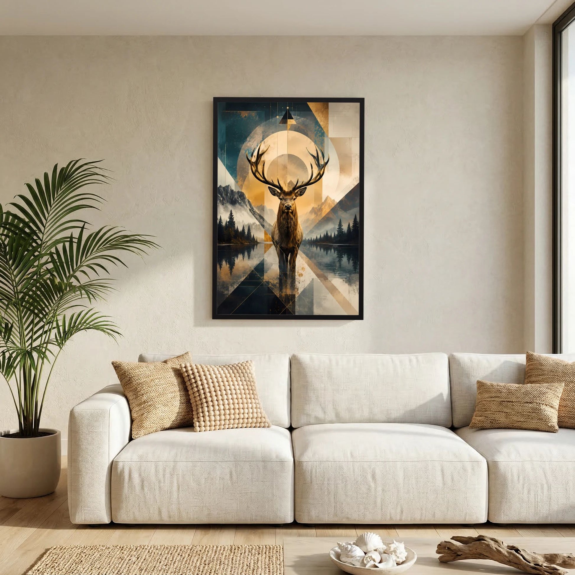 Postergrafik im Hochformat: Hirschkopf mit goldenen Akzenten, geometrische Landschaft