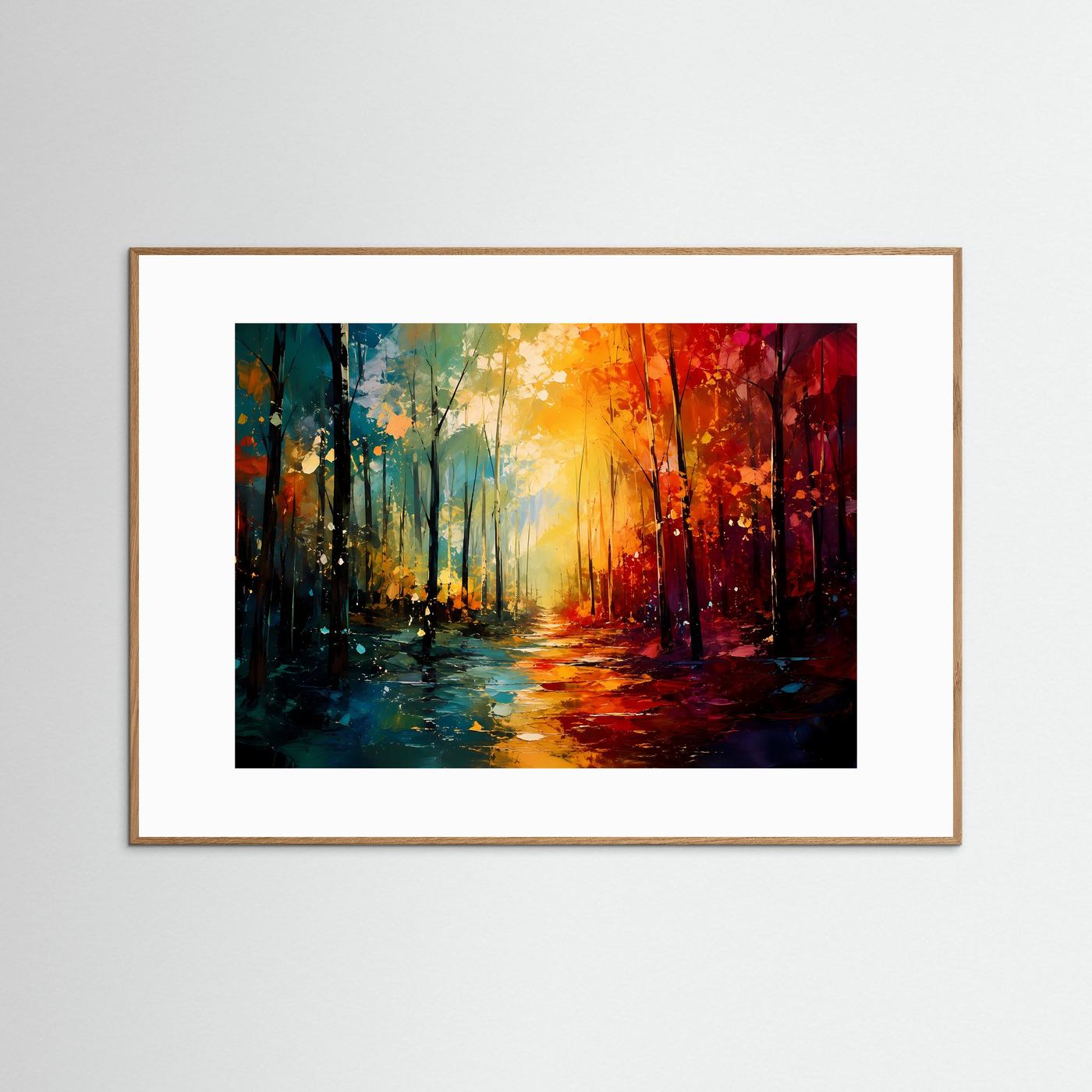 Abstrakter Wald in leuchtenden Farben | Moderne Naturkunst in Petrol, Orange & Rot