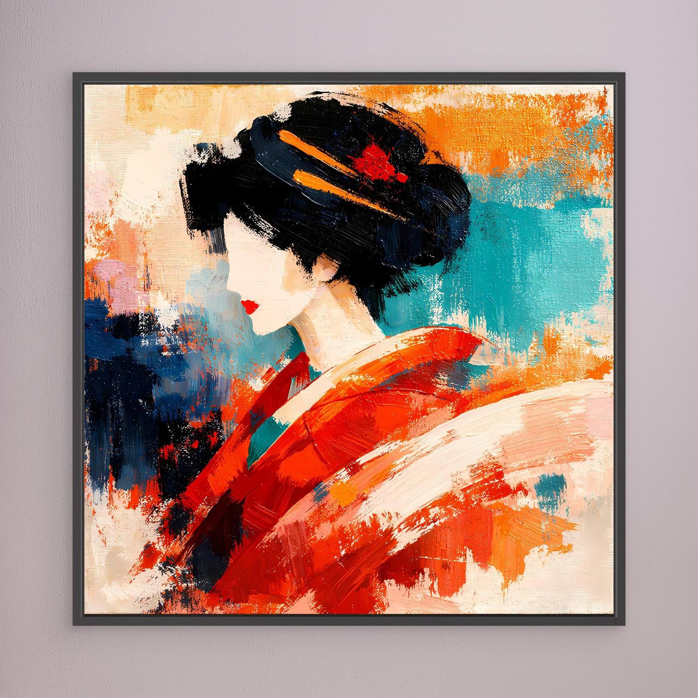Square geisha portrait wall art with black frame, red and teal abstract paint strokes
