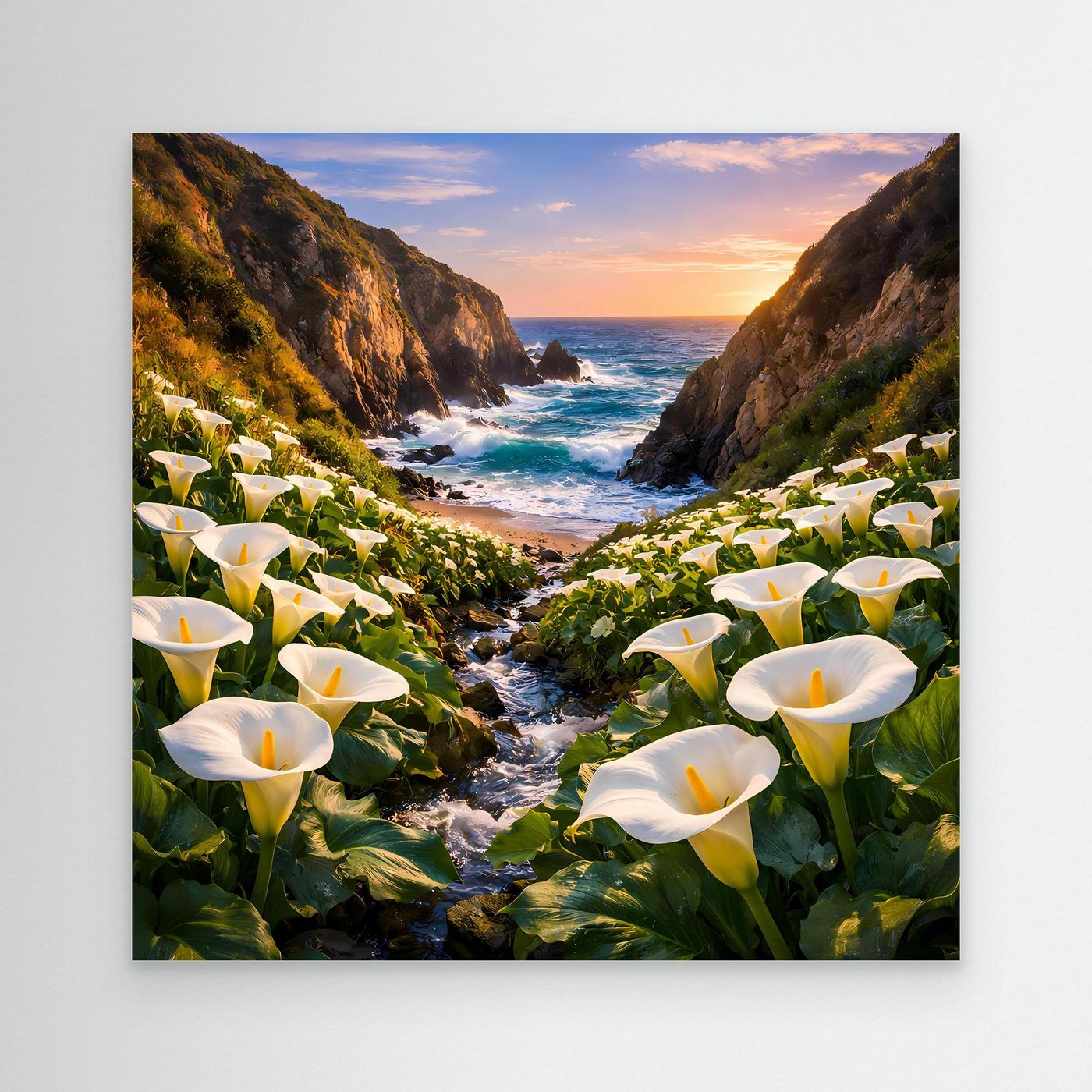 Leinwandbild mit Calla-Lilien und Küsten-Schlucht am Meer