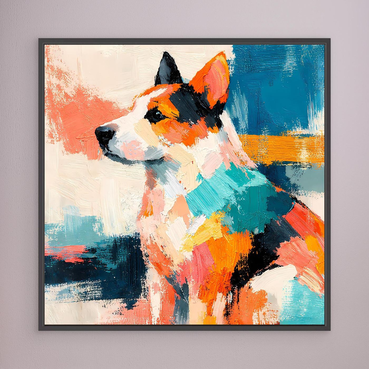 Leinwandbild mit schwarzem Rahmen: abstrakter Hund im Pop-Art-Stil, bunte Pinselstruktur