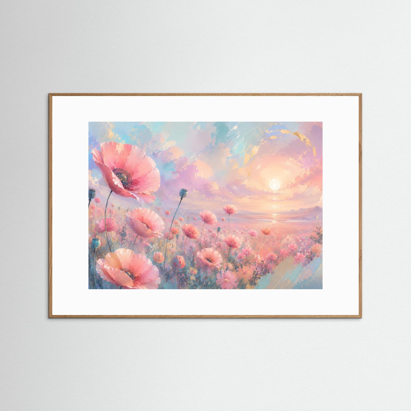 Mohnblumen Poster Querformat | Pastell Blumenfeld Wandbild | Romantische Moderne Naturkunst