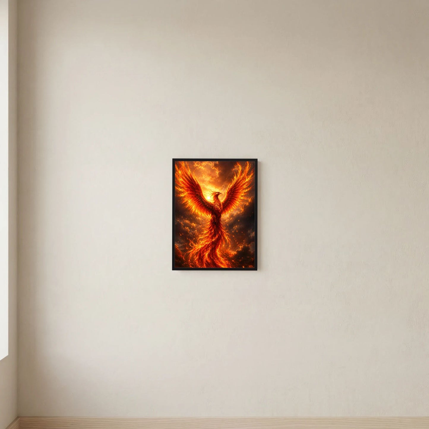 Wandposter mit Phönix aus Flammen, goldorange Flügel gegen dunklen Hintergrund