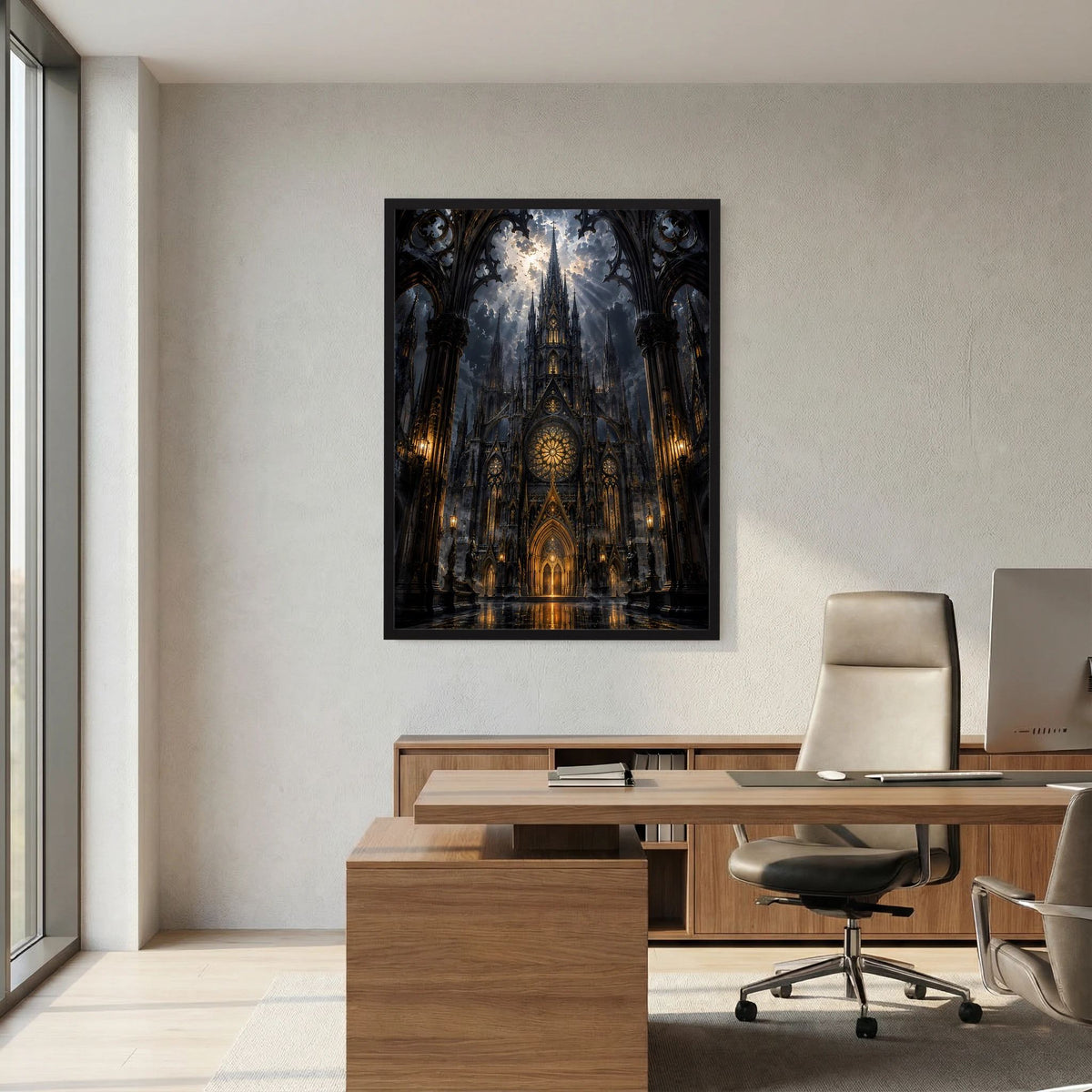 Hochformat-Poster mit gotischer Kathedrale in Schwarz und Gold, schwarzer Rahmen