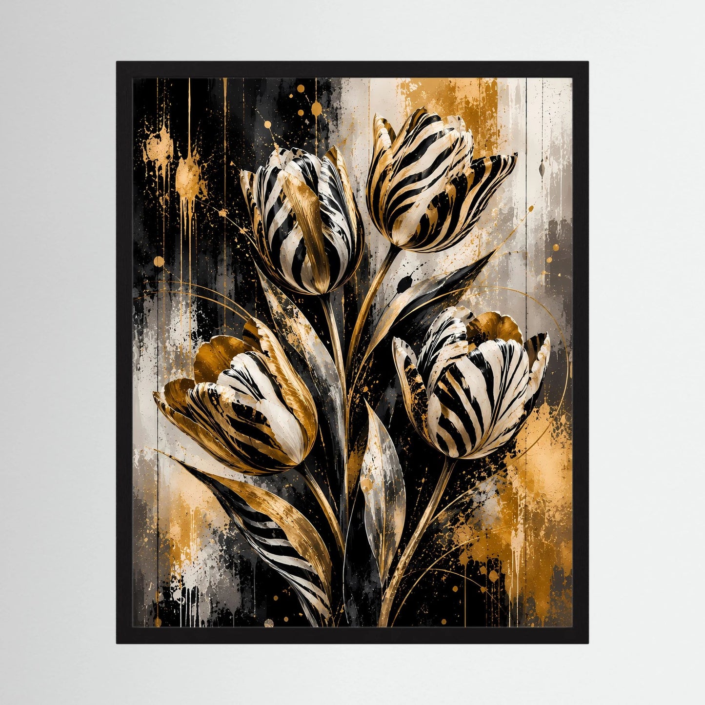 Abstraktes Tulpen-Poster mit schwarzem Rahmen in Schwarz, Weiß und Gold