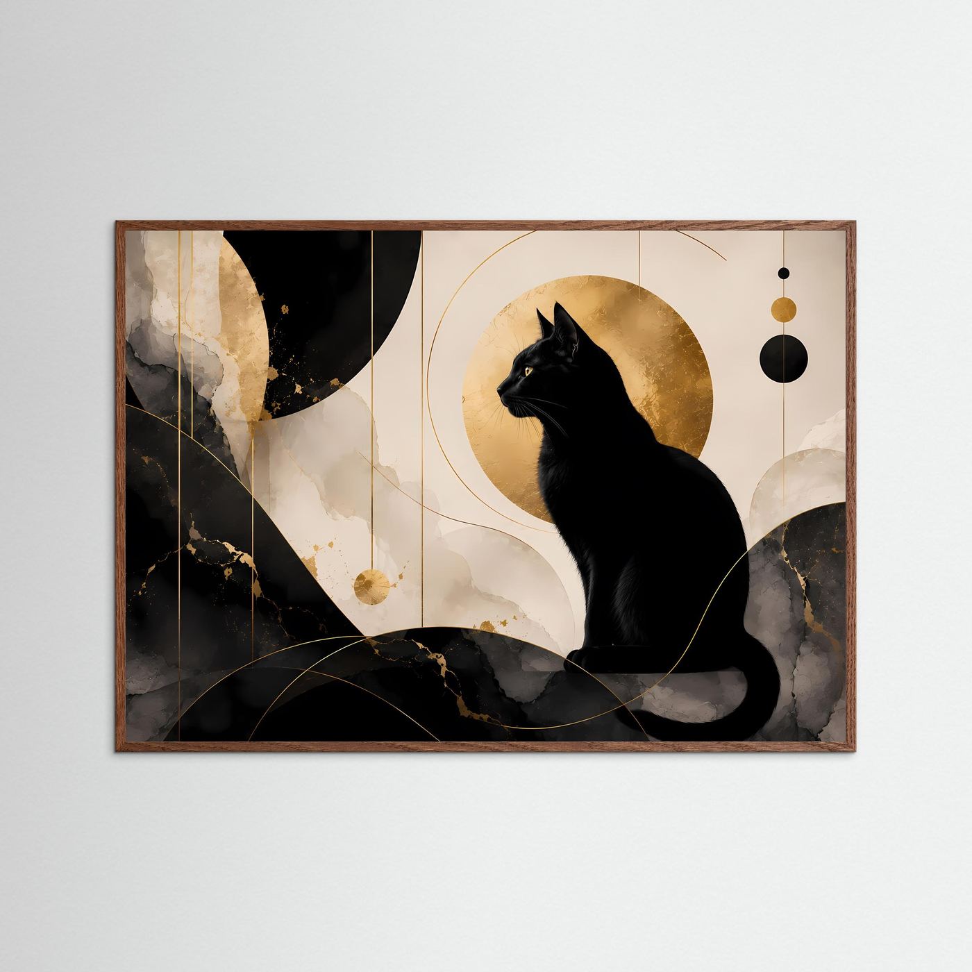 Schwarze Katze in Gold & Marmor | Elegante abstrakte Katzen Wandkunst
