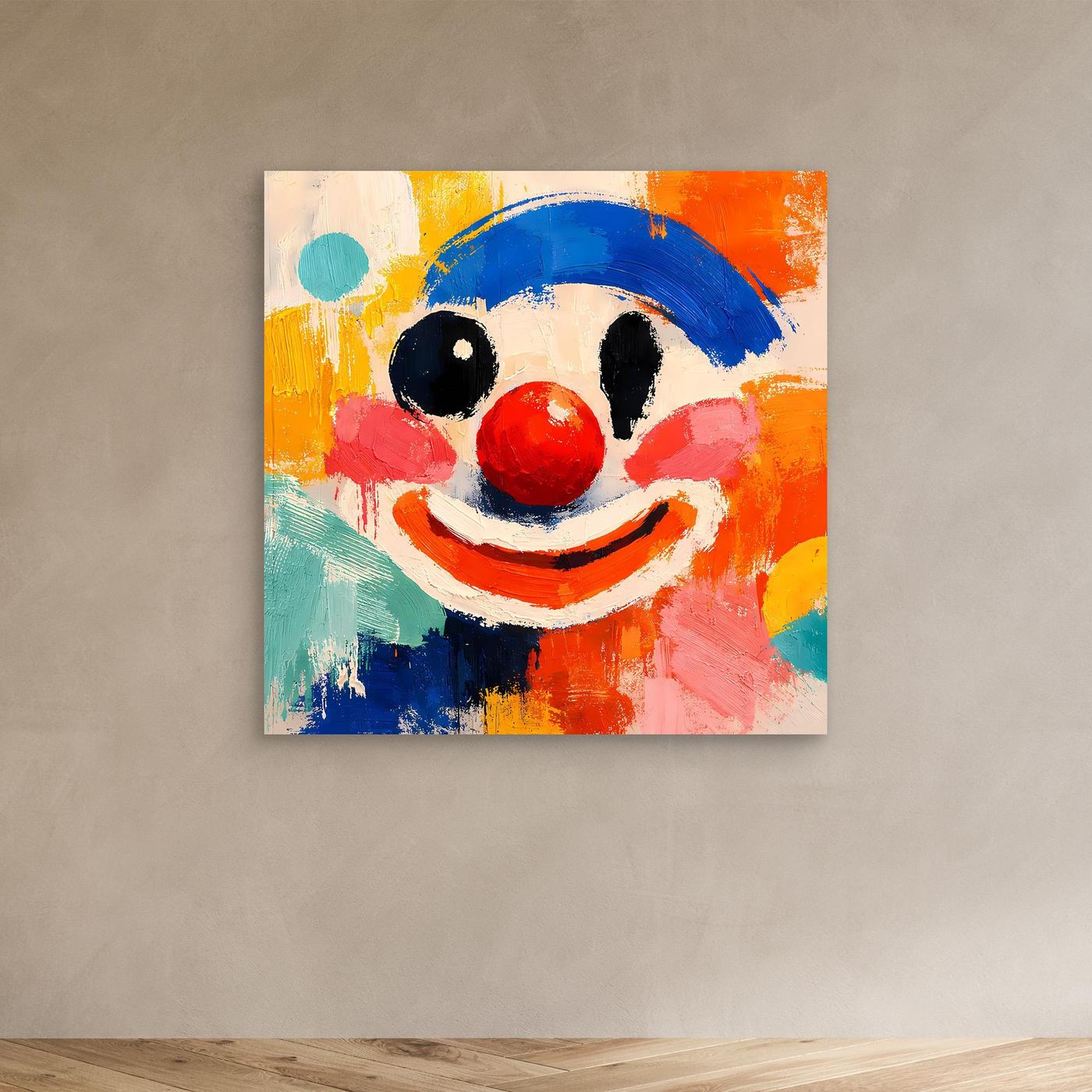 Leinwand-Wandbild mit Clown-Gesicht in Rot, Blau, Gelb und Grün, mit schmalem hellen Rand