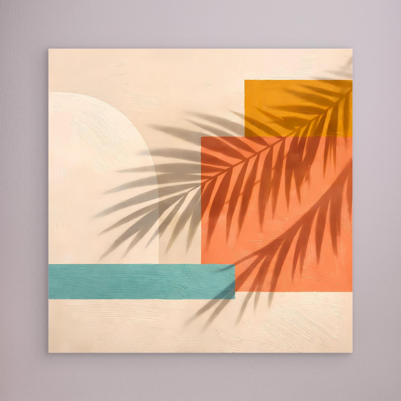 Leinwand Abstrakte Geometrie mit Palmenschatten | Modernes Boho Wandbild Terracotta