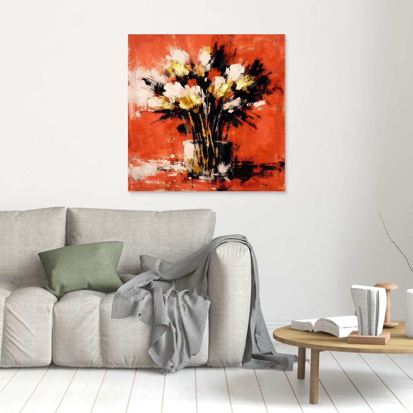 Wandbild mit abstraktem Blumenstrauß, terrakottafarbener Hintergrund, schwarze, weiße und goldene Akzente, dünn gerahmt