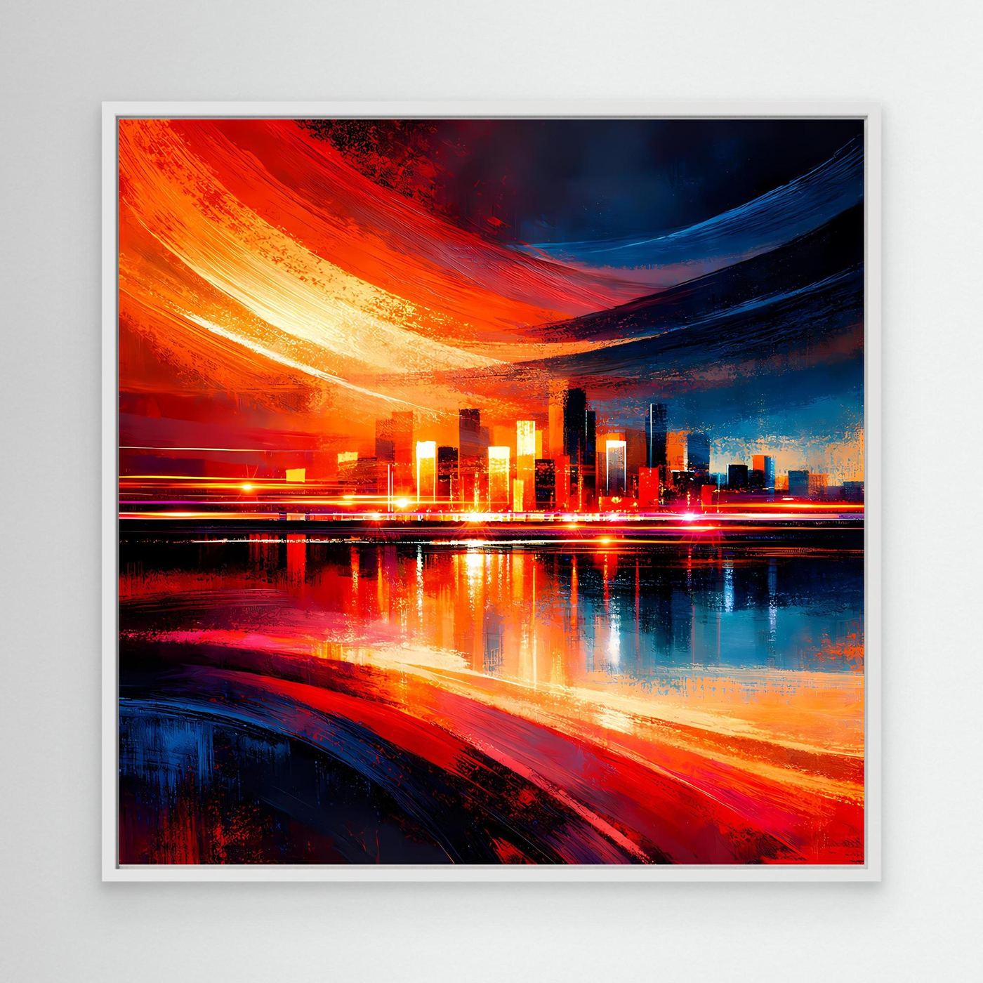 Abstraktes Skyline-Leinwandbild mit weißem Rahmen, reflektierende Lichtspuren in Rot und Blau