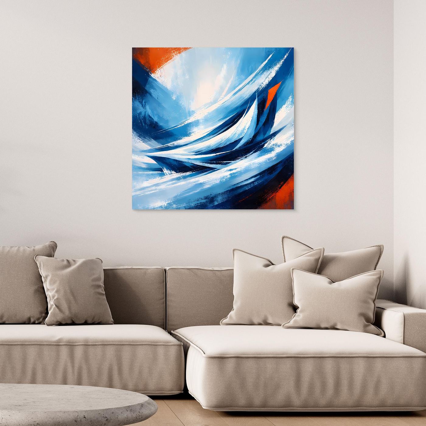 Abstraktes Leinwandbild mit blauen, geschwungenen Wellen und orangefarbenen Akzenten, Hochformat