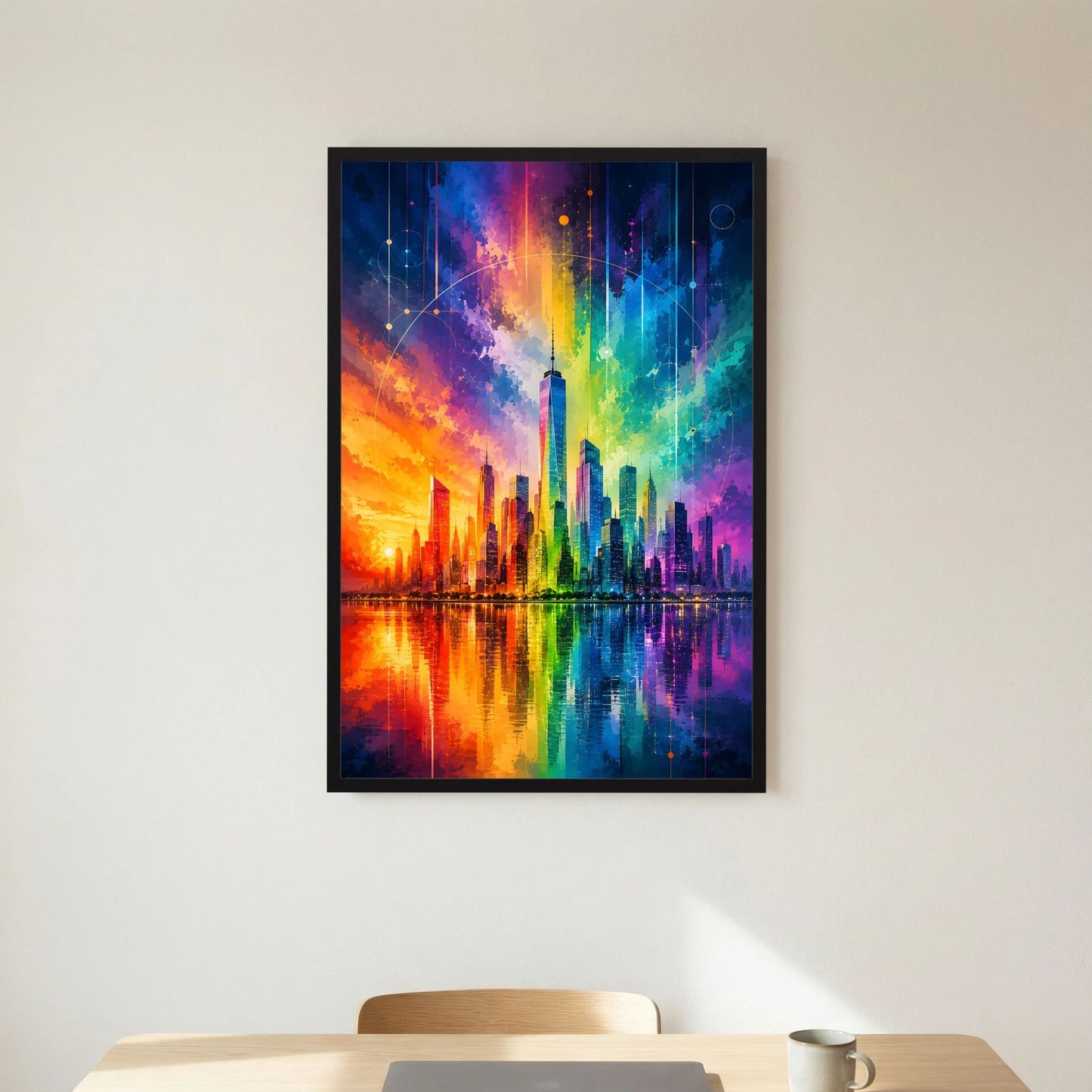 Hochformat-Poster: abstrakte Regenbogen-Skyline über spiegelndem Wasser, schwarzer Rahmen