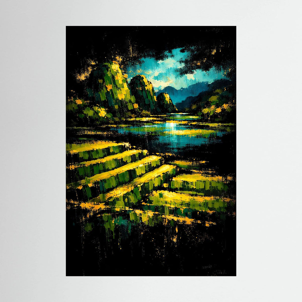 Abstraktes Landschafts-Wandposter (Hochformat): grün-gelbe Pinselstreifen, blauer Fluss