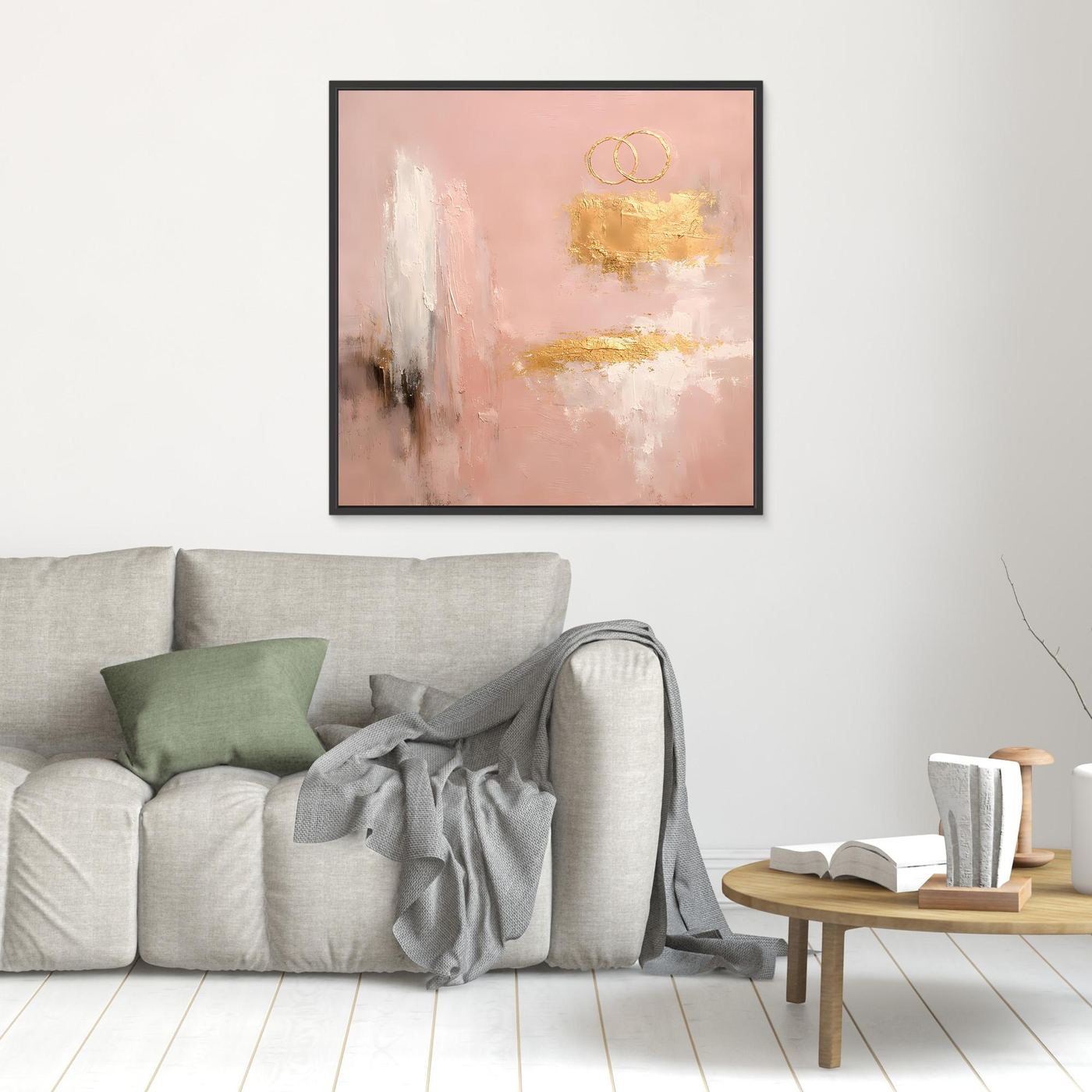 Leinwand Abstraktes Hochzeitsgemälde in Altrosa und Gold | Modernes Wandbild Eheringe