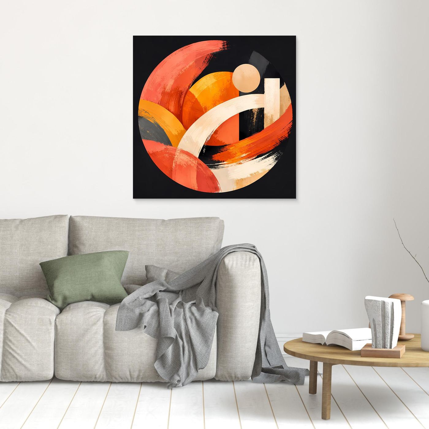 Gerahmtes Leinwandbild mit abstraktem geometrischem Kreis in Orange und Beige, schwarzer Rahmen
