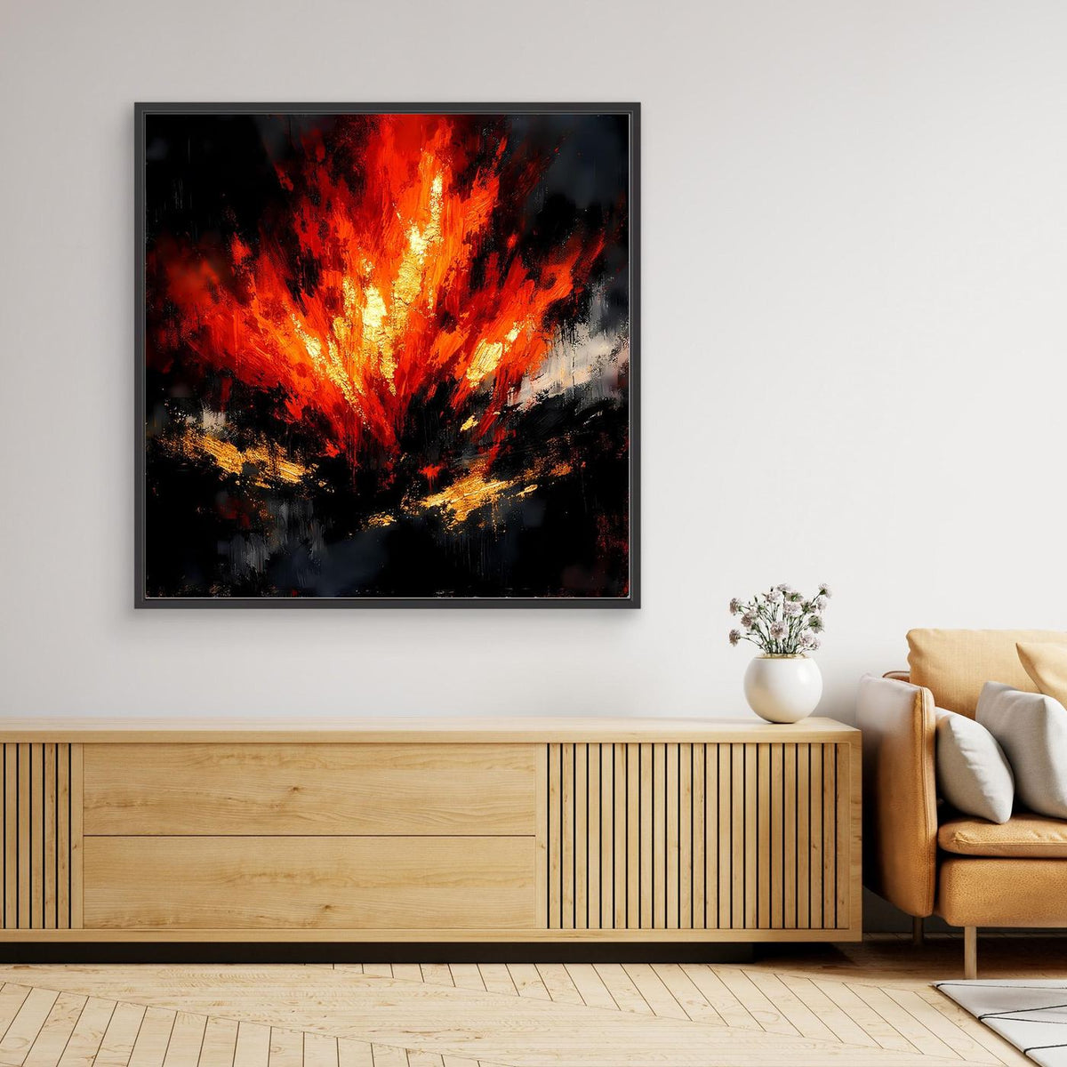 Gerahmtes Leinwand-Wandbild mit abstraktem Feuer: rote, orange und gelbe Flammen auf dunklem Grund