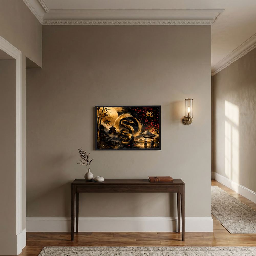 Gerahmtes Poster im Querformat mit goldener Schlange im dunklen Zen-Garten