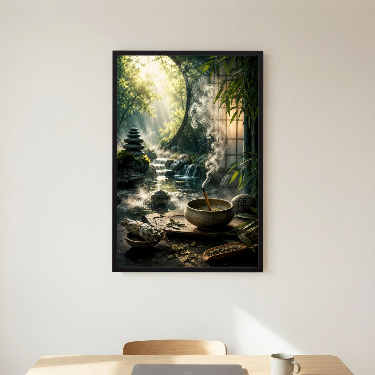 Poster im Hochformat mit schwarzem Rahmen und weißem Rand: Zen-Garten mit Räucherschale