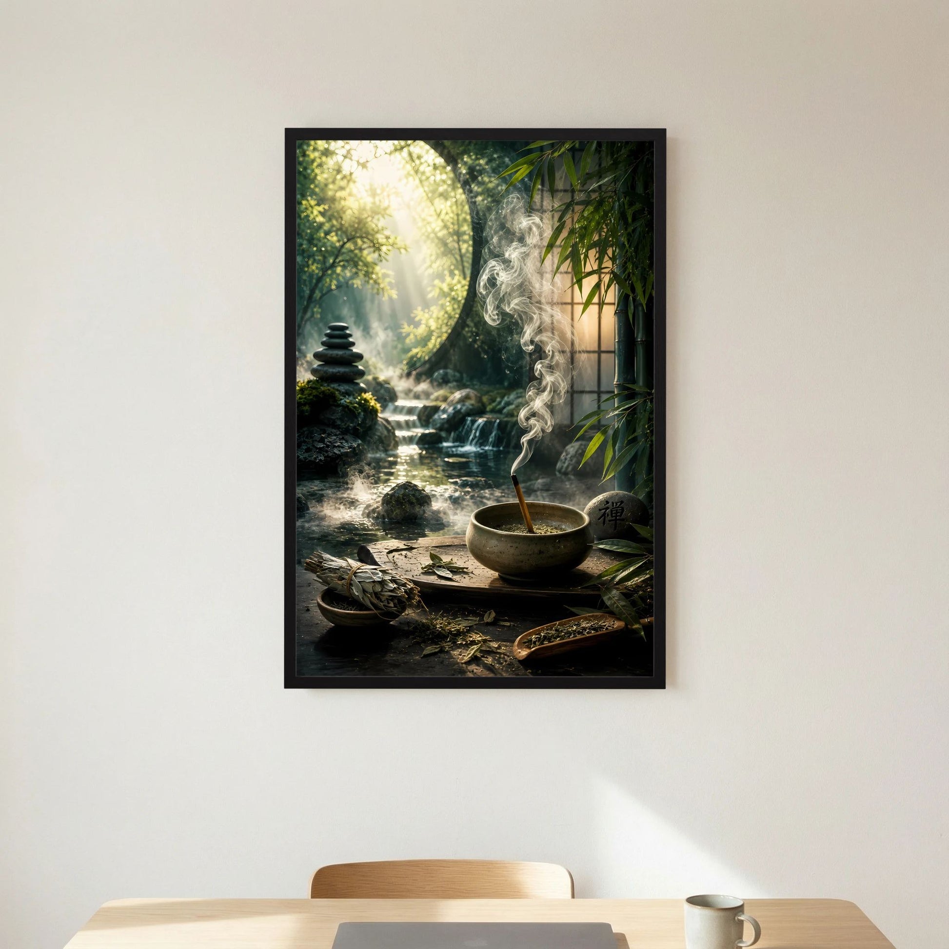 Poster im Hochformat mit schwarzem Rahmen und weißem Rand: Zen-Garten mit Räucherschale