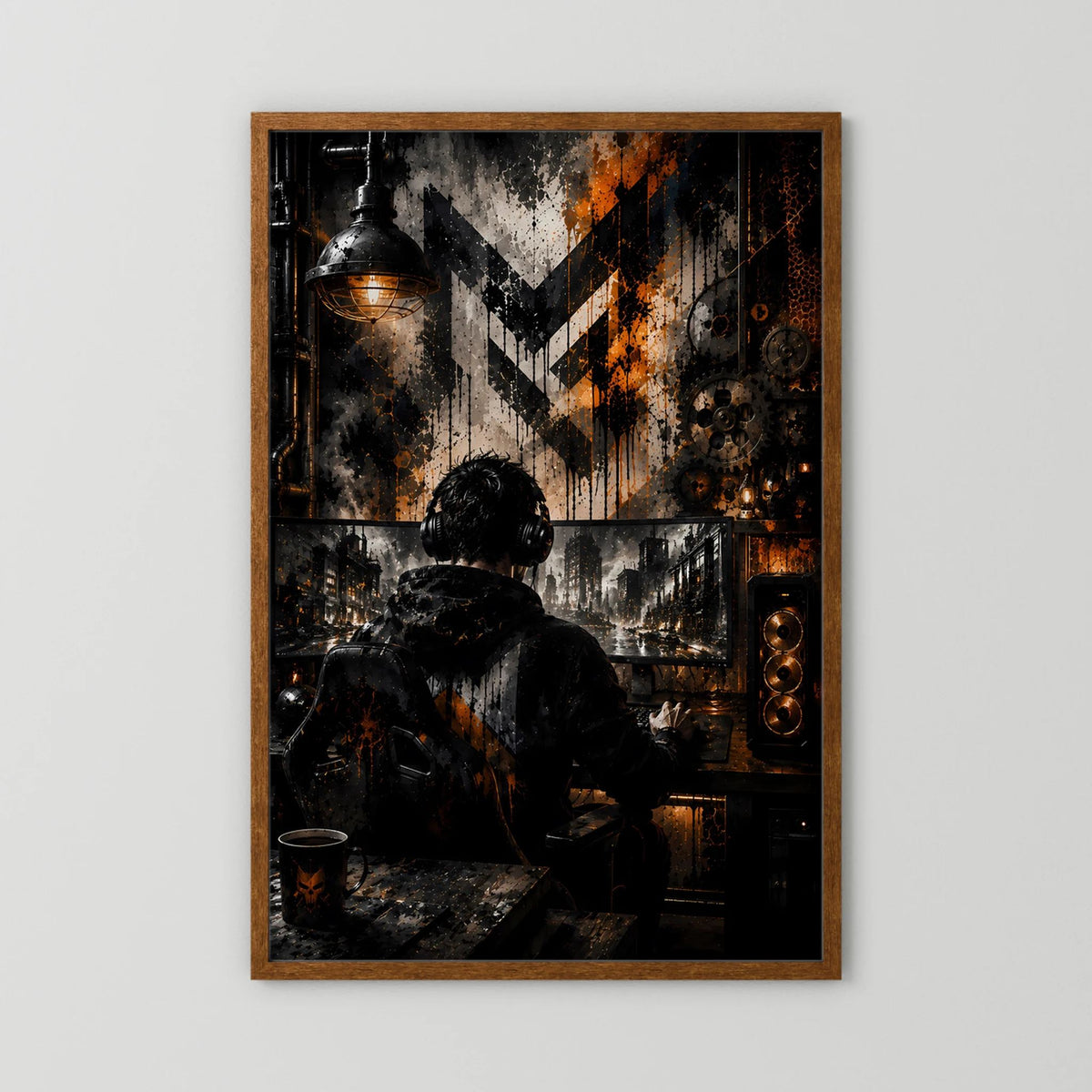Gamer am PC in Schwarz & Orange | Industrial Gaming Art | Poster Hochformat